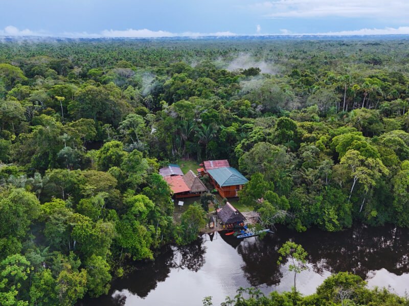 Aerial view of Cuyabeno Dolphin Lodge deep in the Amazon rainforest