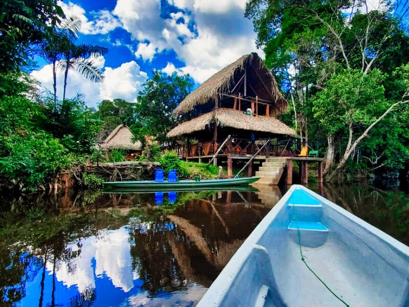 Traditional canoe at the Cuyabeno Dolphin Lodge pier